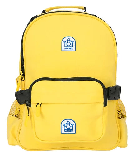 Front view of the Yellow Belt Backpack featuring the Pachee logo, perfect for stylish and functional everyday use.